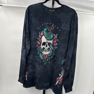 Affliction Black and Green Long Sleeve Tee with  Sparkly Skull Design Size‎ XL